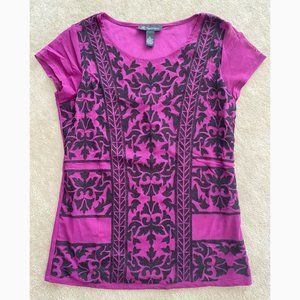 INC International Concepts Purple sheer Mesh Black Embroidery Top